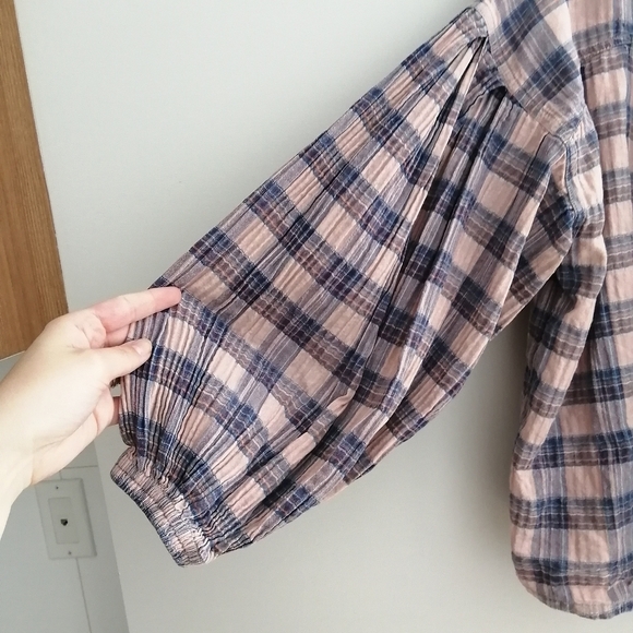 Free People We The Free Jessi Plaid Pleated Trapeze Top Balloon Sleeves Large - Picture 7 of 16